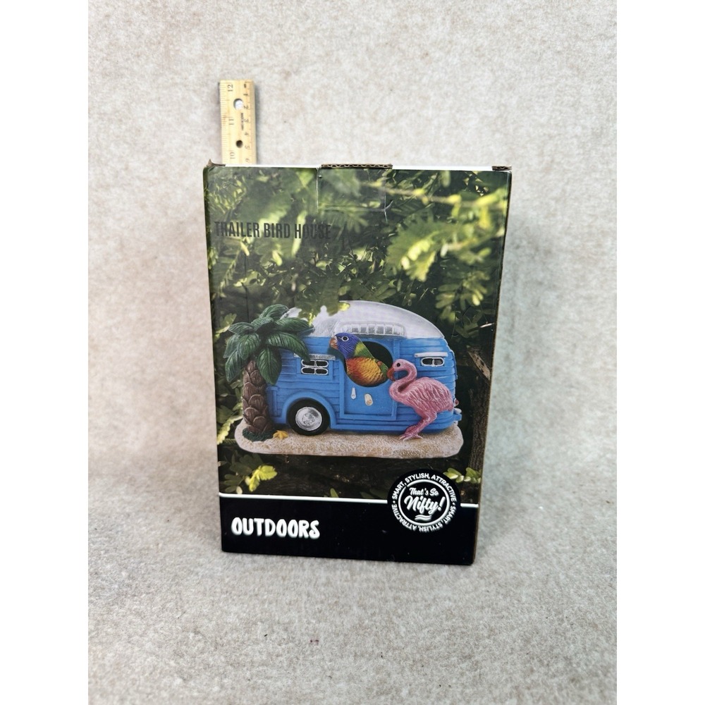 Nifty Outdoors Resin Bird House Travel Trailer W/Flamingo & Palm Tree